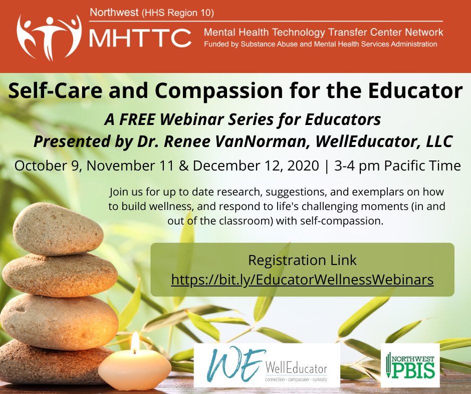 It's back!! Announcing the Fall Educator Wellness Series with partners @NWPBISnetwork & WellEducator, LLC. First session starts Friday, 10/9. 

More info & registration: bit.ly/EducatorWellne… 

#wellbeingNW #educatorwellness #selfcare

@SMARTCtr @UWCollegeOfEd @UWPsychiatry