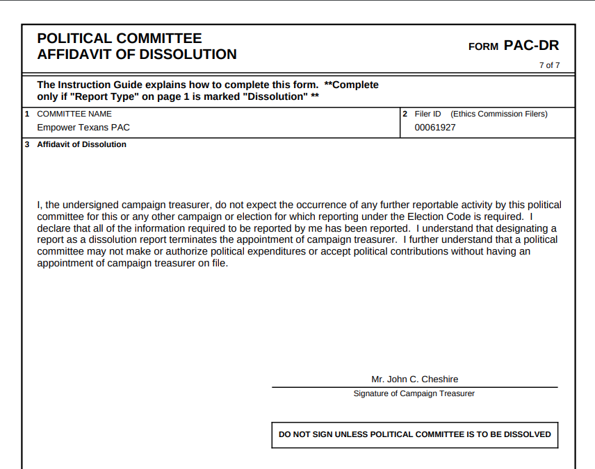 TXLege_'s tweet photo. Empower Texans PAC, a major player in this decade's contested Republican primaries, has been dissolved. It's final contribution (~$23K) was to Rep. Tony Tinderholt (R-Arlington), zeroing out its balance. #txlege https://t.co/O4Awbu8WmH