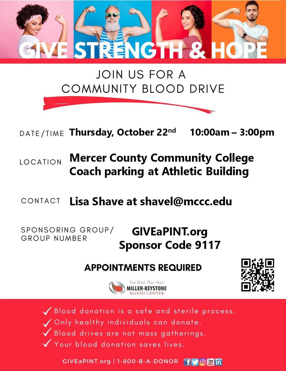 Join us this month for a community blood drive! We’re working with <a href="/millerkeystone/">MillerKeystone</a> to roll out the donation bus to the <a href="/MCCCAthletics/">MCCC Athletics</a> parking lot from 10 a.m. to 3 p.m on 10/22. We’re taking every precaution to keep donors safe, so mark your calendars and help us save some lives!