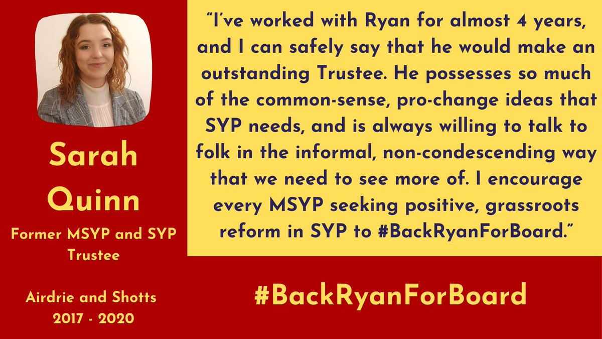 Ryryster's tweet photo. @SarahQuinnSNP was a fantastic MSYP for Airdrie and Shotts as well as an amazing trustee during the last year, that's why I am glad to have her support for the upcoming AGM
Take a look at the graphic below and find out why she thinks that MSYPs should #BackRyanForBoard https://t.co/A6Yzk99xfu