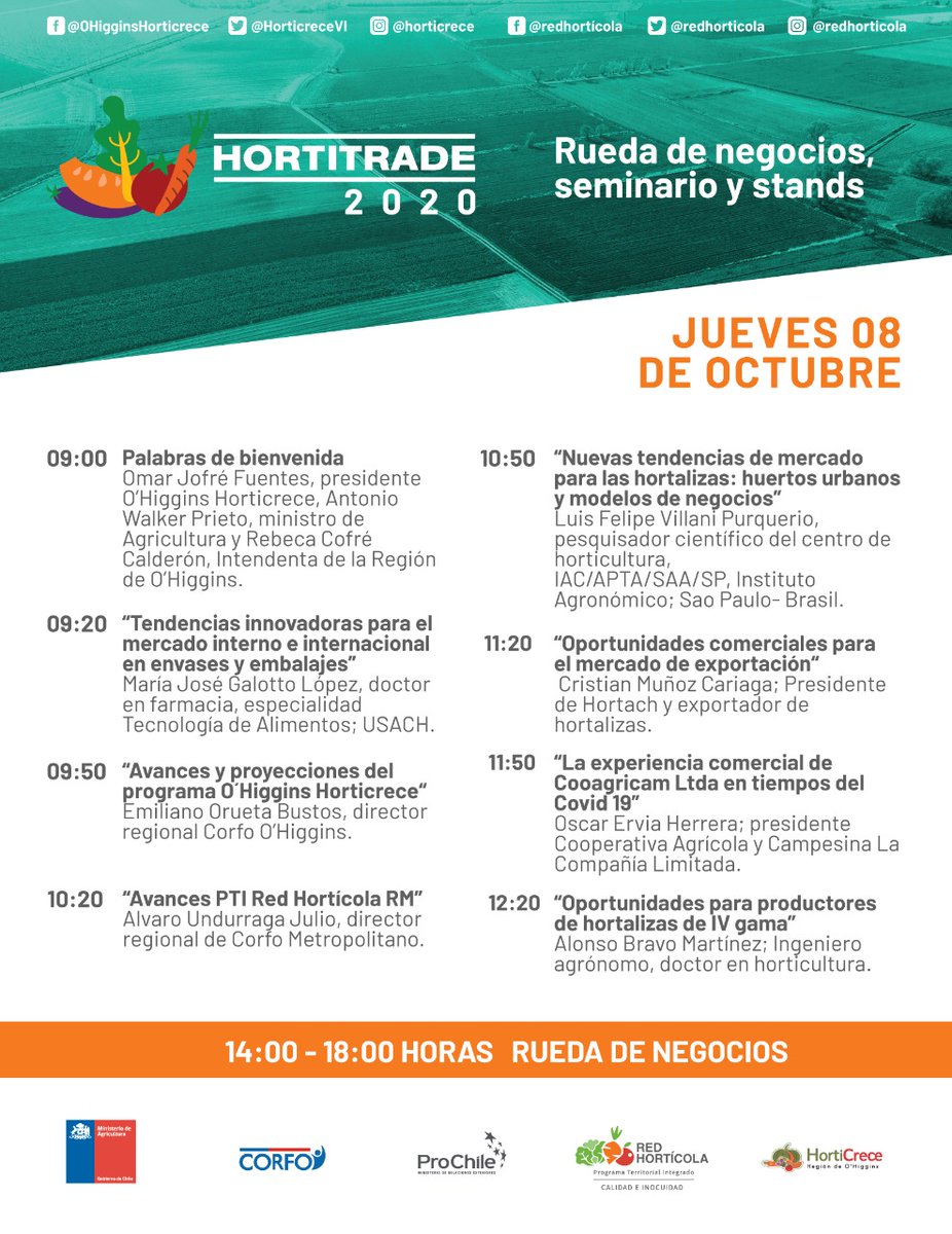 ¡Este jueves 08/10 realizaremos el mayor encuentro de #horticultura en Chile! Un encuentro que analizará las oportunidades e innovaciones que buscan aumentar la competitividad en agricultura en el país. ➡️hortitrade2020.com