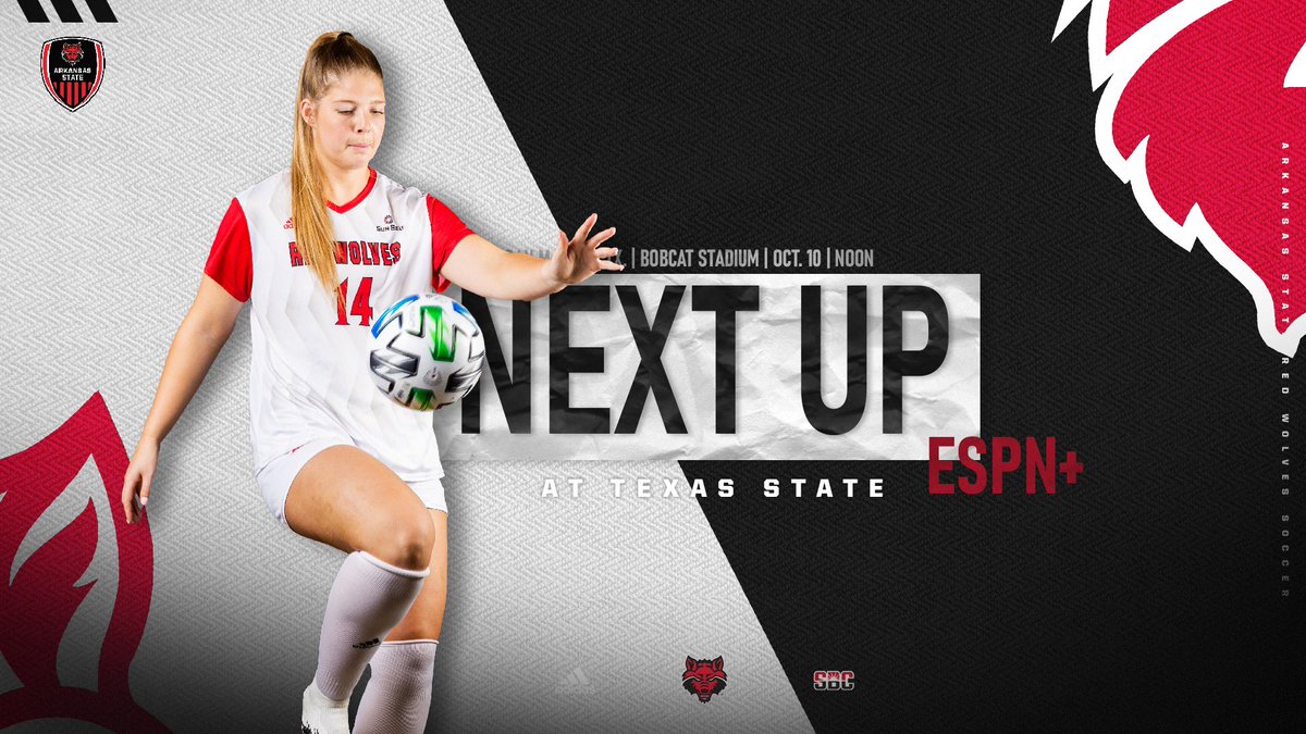 AStateSoccer's tweet photo. Hello, ‘𝐫𝐞𝐭𝐰𝐞𝐞𝐭’ if you’re ready for game day.

▪️ Texas State
▪️ Oct. 10
▪️ San Marcos, TX.
▪️ NOON
▪️ ESPN+
📊 https://t.co/Eslg7KYZym

#GRW https://t.co/my4dVQ1MRB