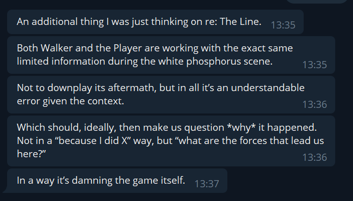 AND ANOTHER THING: as  @srgl509 points out the game does actually consciously damn itself because both Walker and the Player are working with the same limited information and it calls attention to that