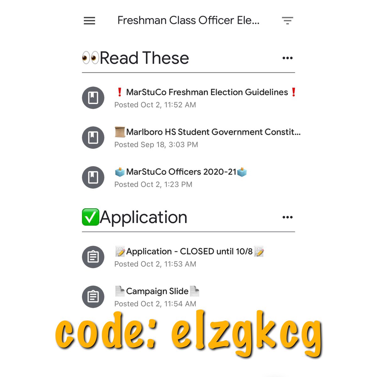 Freshmen! Looking to become a class officer? Join our Freshman Elections google classroom and take a look around👀 Code is elzgkcg.
