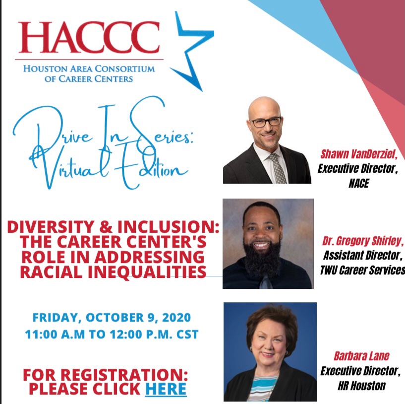 Join us Friday, October 9th from 11AM - 12PM as we hear from Shawn VanDerziel, Dr. Gregory Shirley, and Barbara Lane as they discuss a career centers role in addressing racial inequalities.
