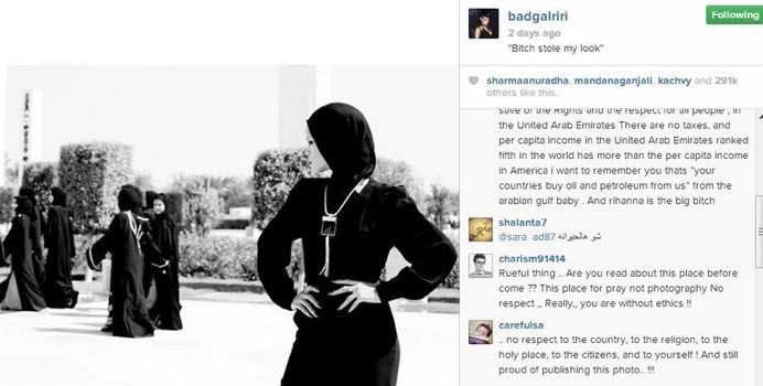 Coming to the post Rihanna posted herself wearing a Hijab with the caption “bitch stole my look”. In the English language, quotation marks are used to quote another person’s words which means that Rihanna was actually quoting the other woman not claiming that she stole her look.