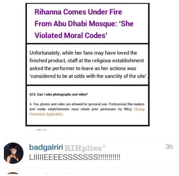 First of all, an article has resurfaced claiming that Rihanna was kicked out of a mosque after posing inappropriately! That is completely fake! Rihanna has replied back then to a post portraying the article on IG and said that was fake news.