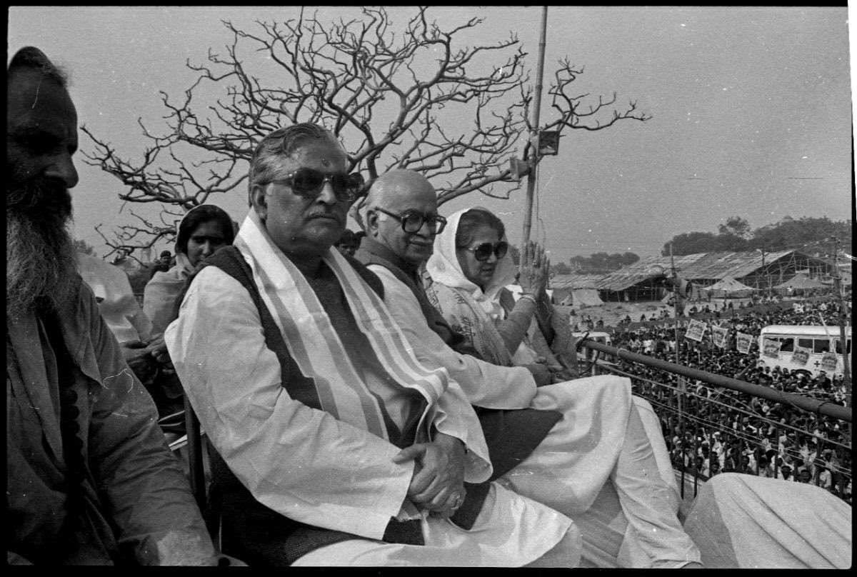 When the Babri Masjid was being demolished, many BJP leaders were at the site. Pictured here (from left): Murli Manohar Joshi, then-president of the BJP, L.K. Advani and Vijayaraje Scindia
