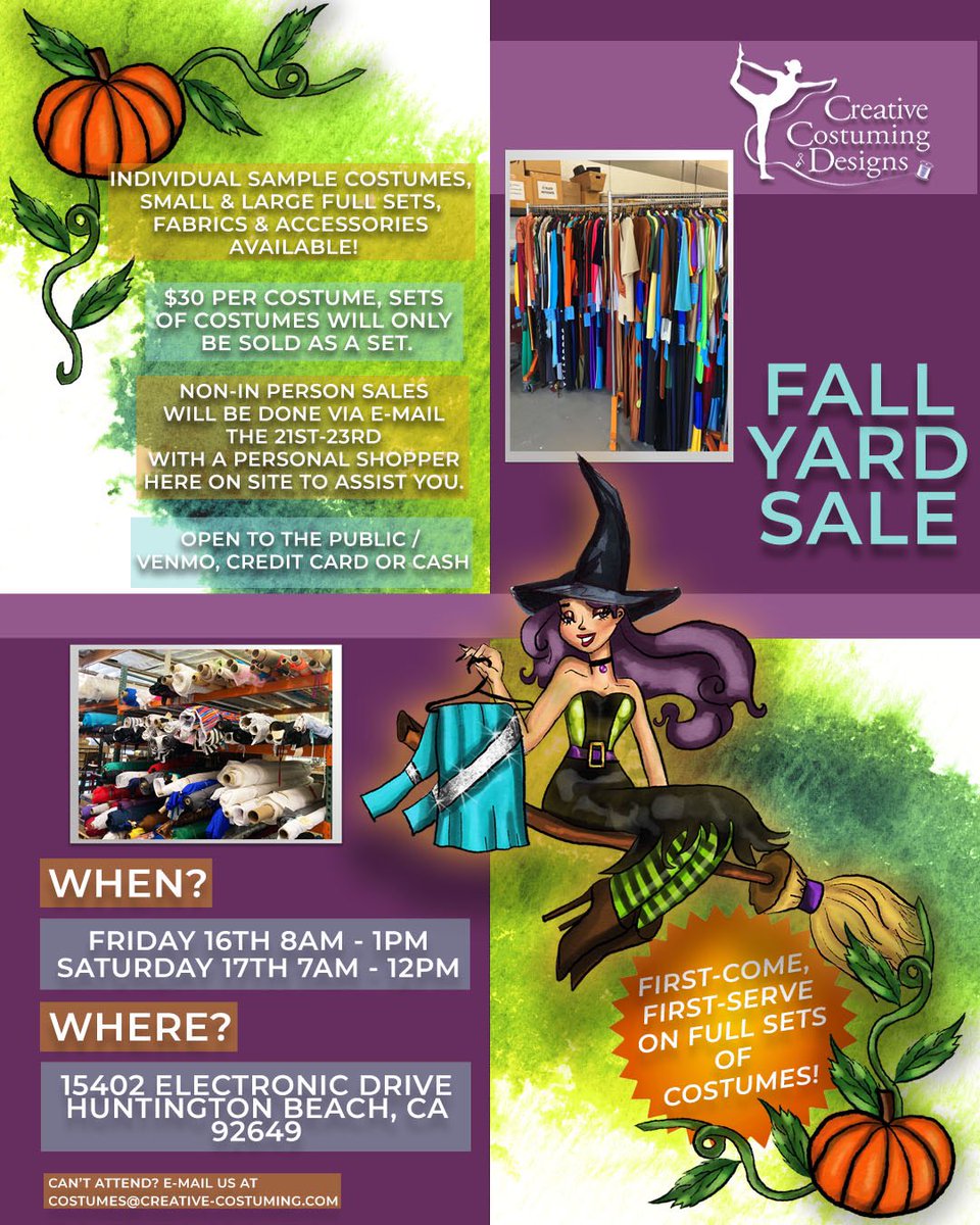 We are getting ready for our #FallYardSale ! 🎃🍁 Retweet and send it to your friends! 🤳🏼
•
 #colorguard #spin #dance #music #guardcostume #fieldseason #costumedesign #performance  #marchingband #spiritwear #danceteam #cheer #gymnastics #costumes #halloween #sale #band