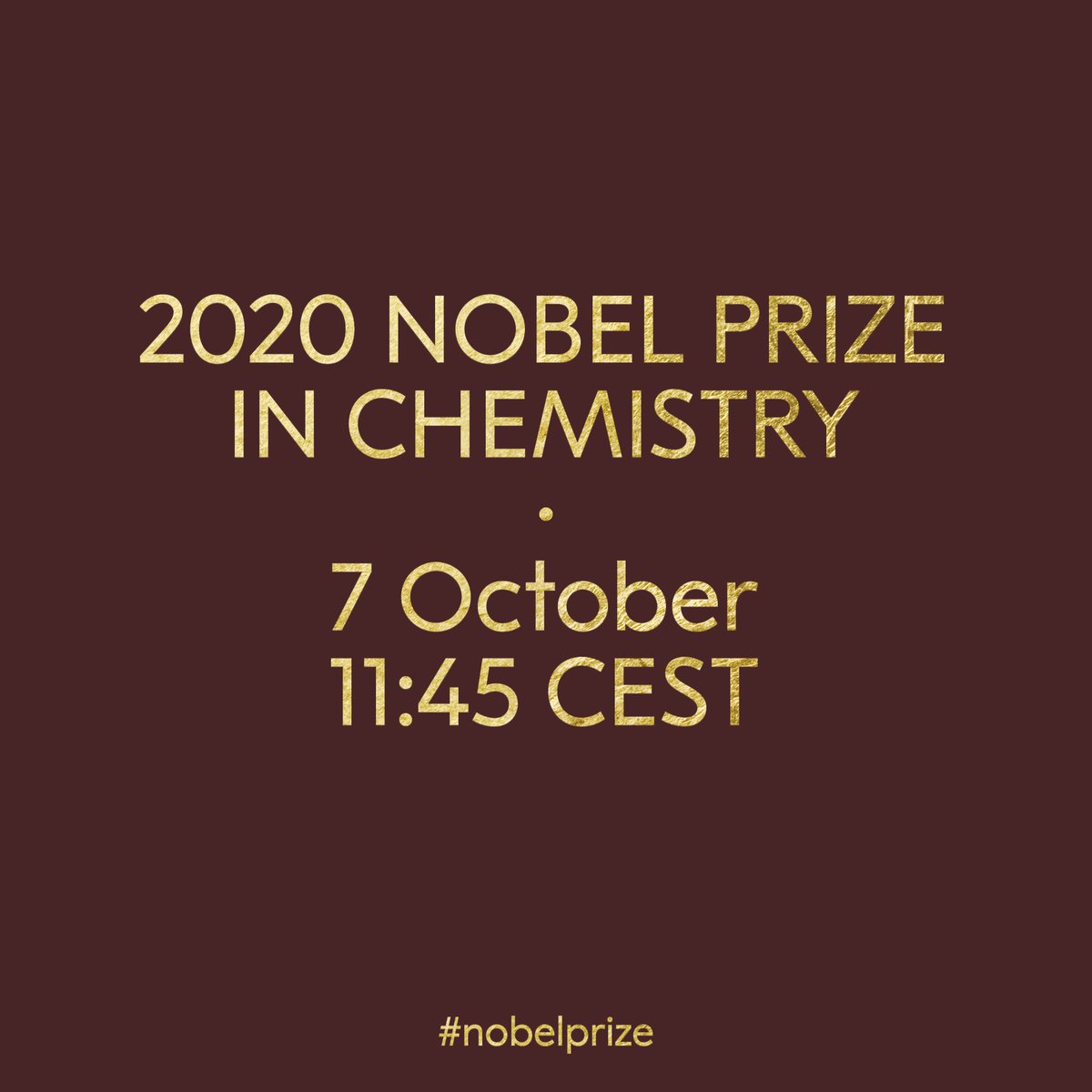 🔴 Demà 7 d'octubre a les 11.45 h, com a molt aviat, es farà públic l'anunci del @NobelPrize de #Química 🔴 Estigueu atents! 🎉 #nobelprize #preminobel