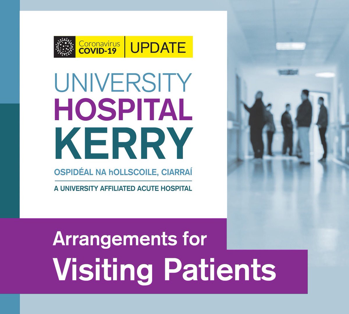 hospital_kerry's tweet photo. In line with the move to Level 3 restrictions nationally from 12.00 tonight (Tues 6th Oct.) University Hospital Kerry is obliged to restrict all visiting -Full details on: 
https://t.co/ezCOx1pd5S

We would like to thank the public for your continuing co-operation in this regard. https://t.co/EHbGcW0C8N