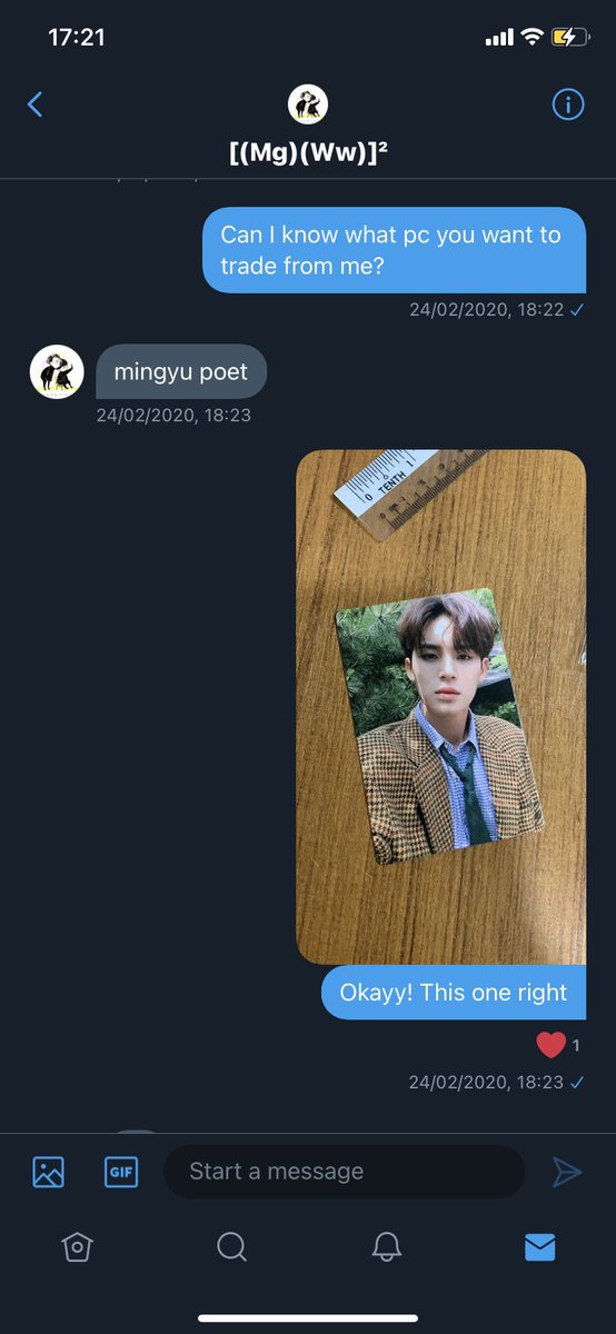 [1] - February -She told me that she has Wonwoo beret pc since she bought the album and GOT Wonwoo beret pc and want to trade with me so I asked her which pc she wanted to trade to and she said she wanted to trade with Mingyu poet and I said okay.