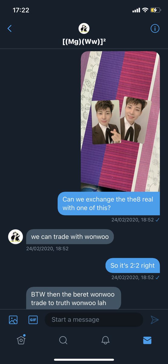 [2]We also agreed to trade ww truth pc to the8 real pc but suddenly she said that she want to trade beret ww with truth ver ww and buy the gyu pc and joshua mini poster from me so basically it’s like this: Trade Me: 2 ww truth pcHer: the8 real & ww beret