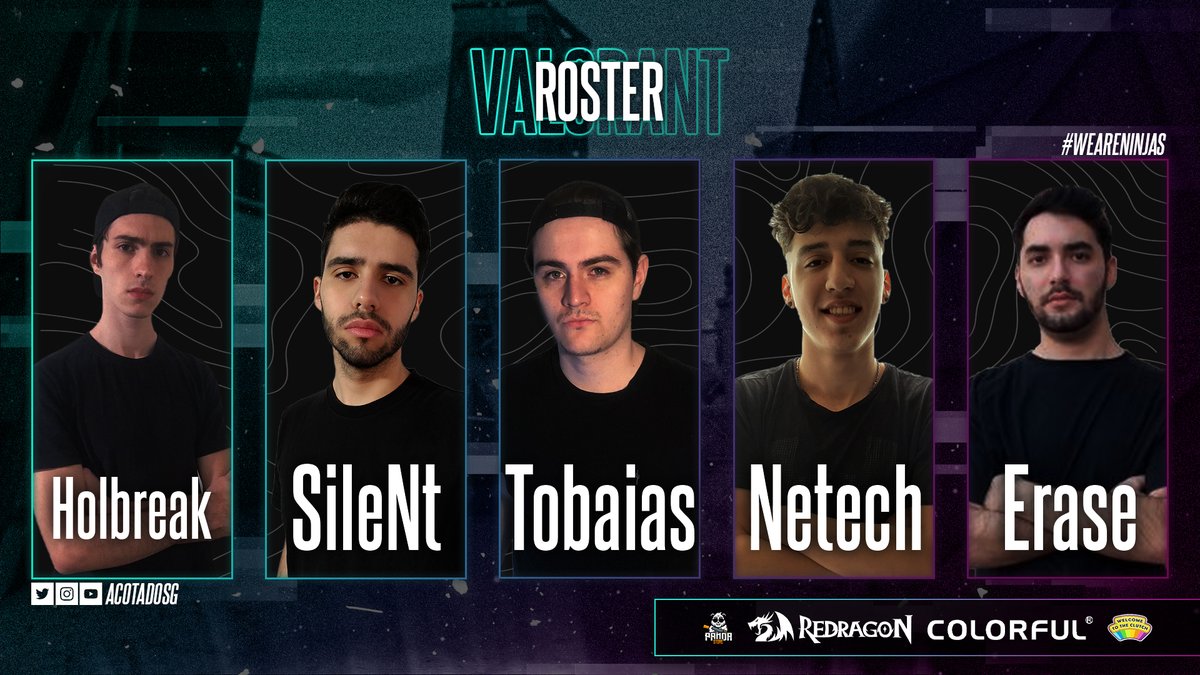 #Valorant | ¡Les presentamos el roster de Valorant! Los ninjas 
<a href="/holbreak/">Holbreak</a> 
@silentcsgo1 
<a href="/tobiasalaberry/">Tobias</a> 
<a href="/Netechfps/">netech</a> 
@Erasearg
 serán los encargados de representarnos. 

#WeAreNinjas