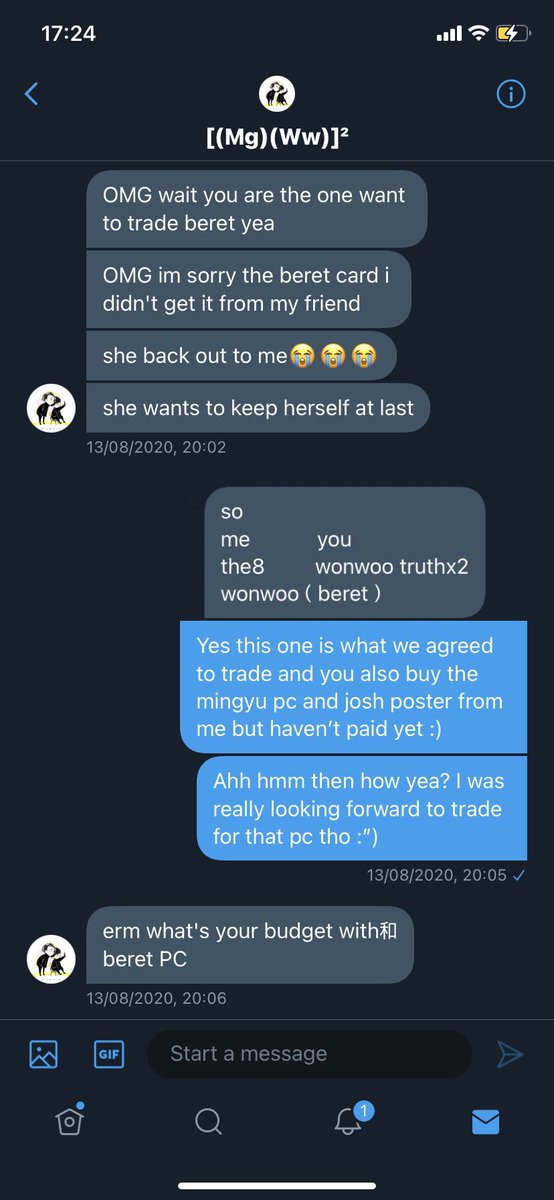[6]Then she asked me what’s my budget for the beret pc and I was like ??? Why are you suddenly asking me what’s my budget when you’re the one who was supposed to trade the pc with me?? Then she said she’ll try to find the pc for me so that we can trade and I was fine with it