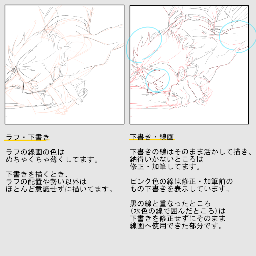 ラフは脳内イメージを勢いを殺さないよう大雑把に。下書きは体のパーツに破錠がない程度に、ラフの勢いを活かすように。線画は下書きの線をそのまま使用したり、線に強弱をつけてディティール加えたり、修正、パーツの追加をします。ラフと線画の良いところのニュアンスを汲み取る感じですかね。 
