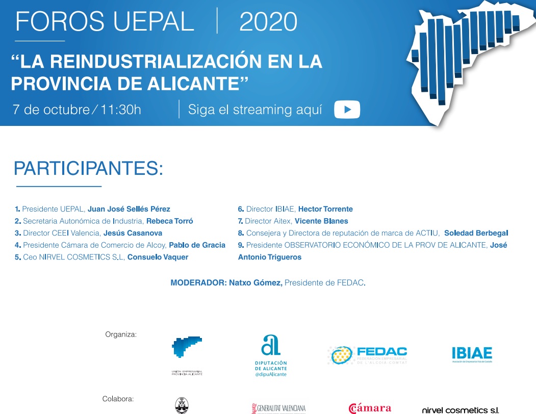 Este miércoles FEDAC moderna en #Alcoi un encuentro empresarial organizado por UEPAL sobre la reindustrialización en la Provincia de Alicante.

📅 Miércoles 7 de octubre 

⏲️11.30 horas. 

Síguelo vía streaming ⬇️

youtube.com/channel/UCOTmN…