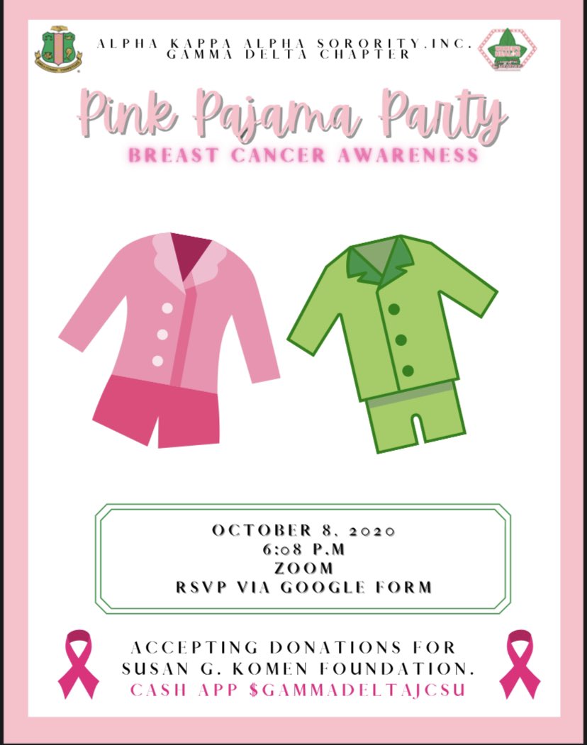 GammaDeltaAKA's tweet photo. IN TWO DAYS ! We will be hosting a pink pajama party in honor of Breast Cancer Awareness Month ! Please sign up using the link in our bio. 💗 https://t.co/rH6kguX8zM