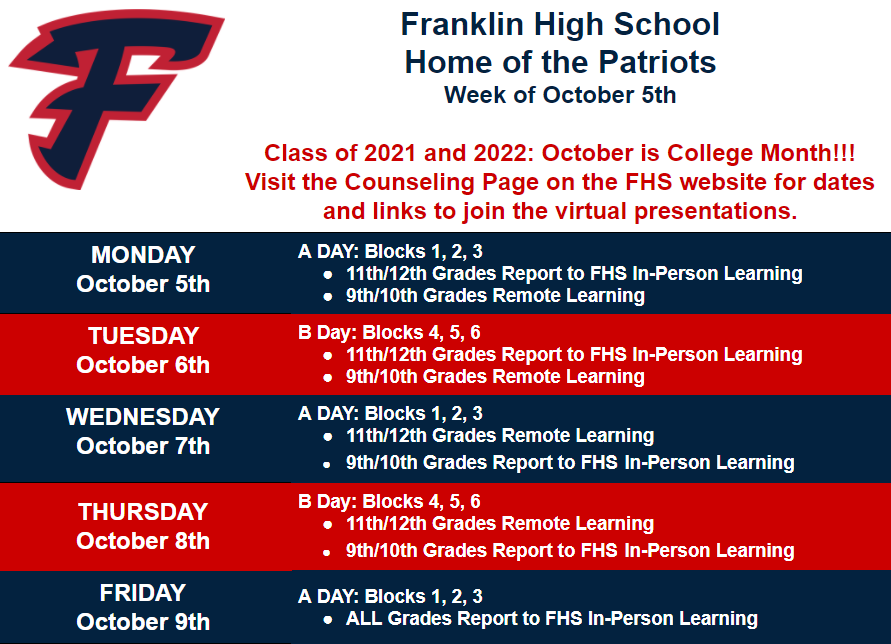 fhspatriots's tweet photo. Tomorrow is an "A Day" for ALL students. LV will continue to follow their daily schedule. F2F 9th/10th graders will report to FHS for in-person learning. Please bring a CHARGED laptop/Chromebook.  If you need a Chromebook, your ELA teacher will check one out to you this week. https://t.co/TPr31dWj8v