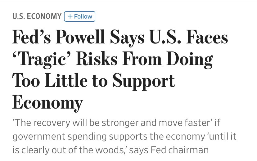 Everyone saw Fed Chair Powell’s remarks today, and he’s made them privately (but cautiously) to both Mnuchin & Pelosi, I’m told. But I think folks will be pointing to this headline a lot in the months (maybe years) ahead: