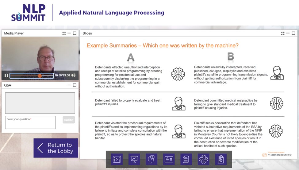 JohnSnowLabs's tweet photo. Brian Ulicny @bulicny from @thomsonreuters presents different summaries of legal cases - which was generated by a human and which by machine learning? See the impressive results of what #NLP can do with legal cases https://t.co/fv0RjPIOcd  #nlpsummit https://t.co/HShCuElF1x