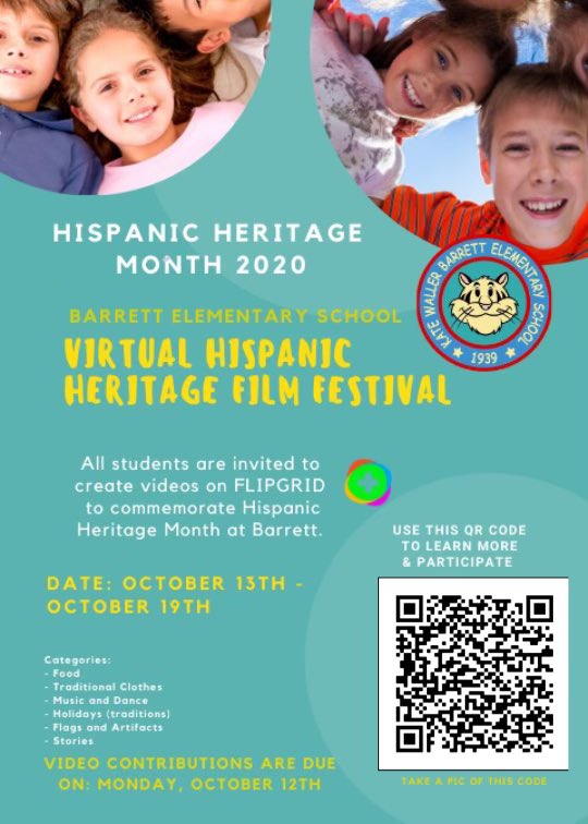 Move over #Cannes Film Festival, online learning has resulted in the creation of <a href="/BarrettAPS/">KWBarrett Elementary</a> #Virtual #HispanicHeritage #FilmFestival Students should use the following QRS Code to learn more about participating and creating content for this event. #APSHHM
