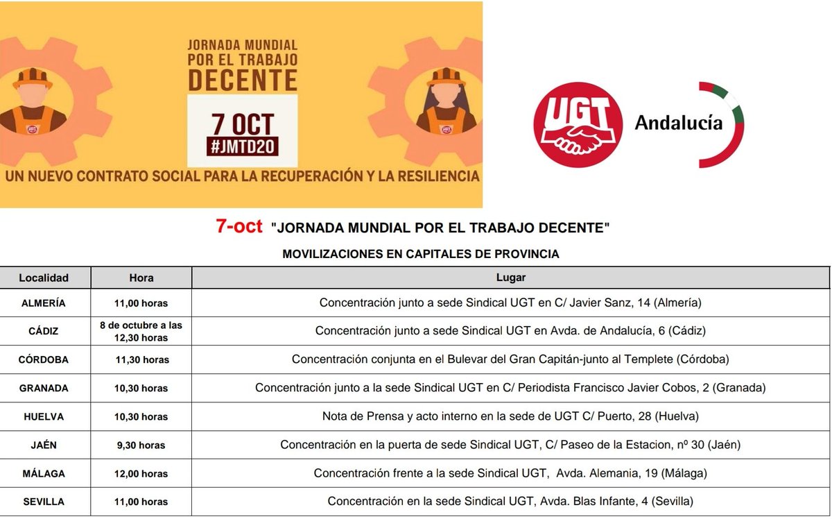 EsperanzaUGT's tweet photo. 7 de octubre de 2020
Jornada Mundial por el #TrabajoDecente 
Un nuevo contrato social para la recuperación y la resiliencia
#JMTD20 #wddw20 
@etuc_ces
@ituc
@UGT_Andalucia
@ugtalmeria
@UGTCadiz
@UGTCordoba
@UGT_Granada
@UGTHuelva
@UGTJaen
@ugtmalaga
@ugtsevilla https://t.co/lfCbeAOI5J