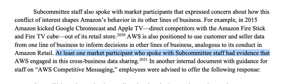 This nugget is a big deal. One person speaking to the subcommittee had evidence Amazon's AWS was engaged in "cross-business data sharing." It's unclear what that means, but don't use AWS if you don't want Amazon to know your business.
