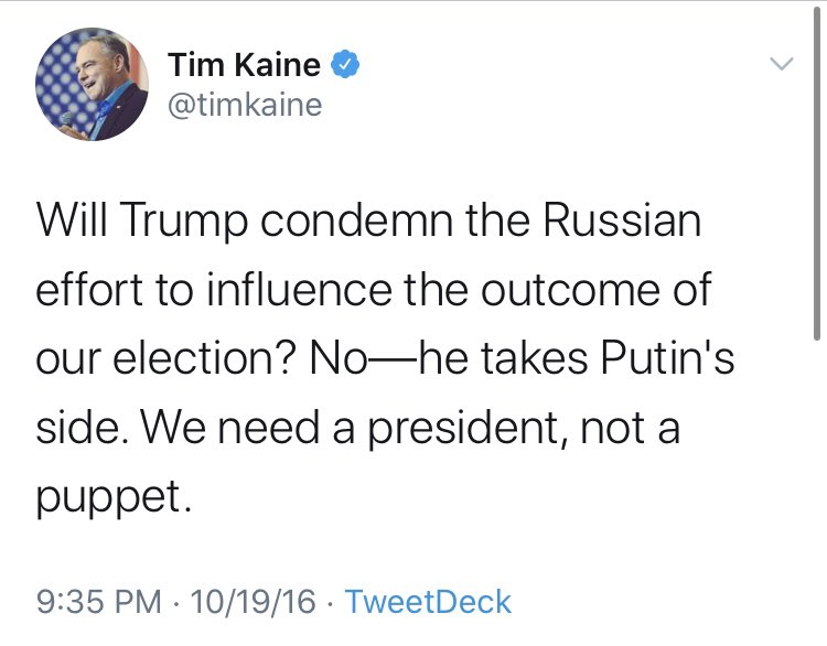 Clinton’s running mate,  @timkaine, ran with the allegations before the election and, as a member of the Senate, has continued to push the “Russian collusion” narrative, through impeachment and beyond.