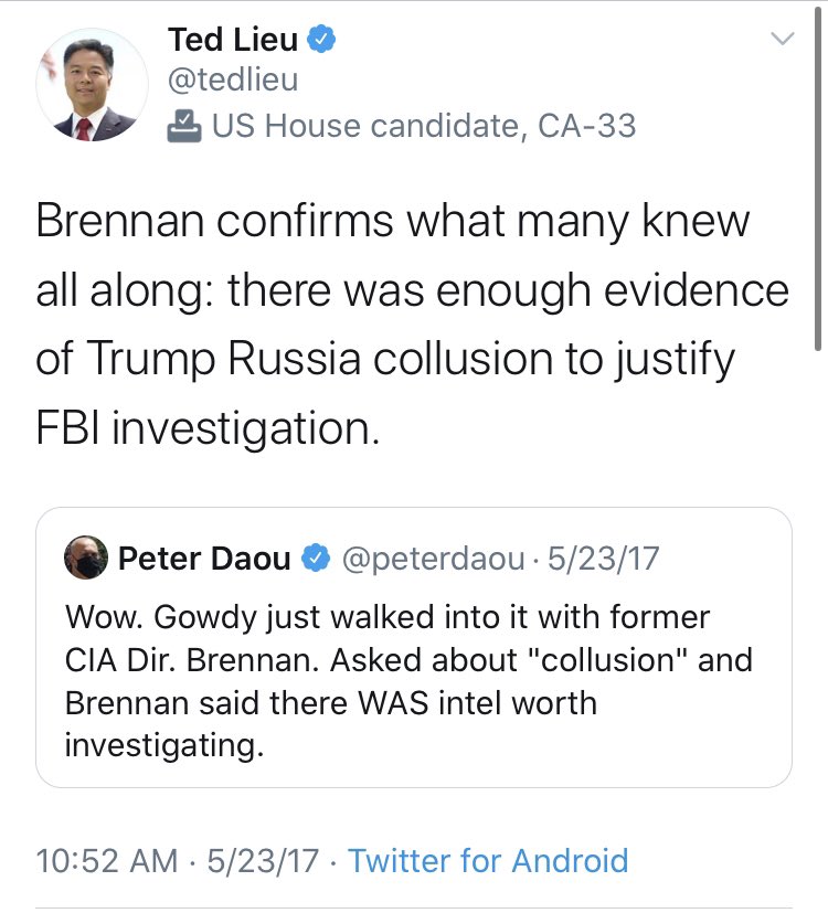 One of my favorite characters in all this has been  @tedlieu. I’m not sure that boosting the reliability of Brennan, Christopher Steele, or the FISA Court has aged particularly well.