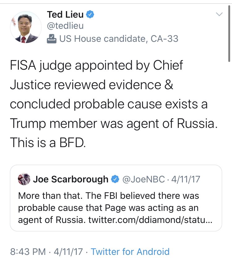 One of my favorite characters in all this has been  @tedlieu. I’m not sure that boosting the reliability of Brennan, Christopher Steele, or the FISA Court has aged particularly well.