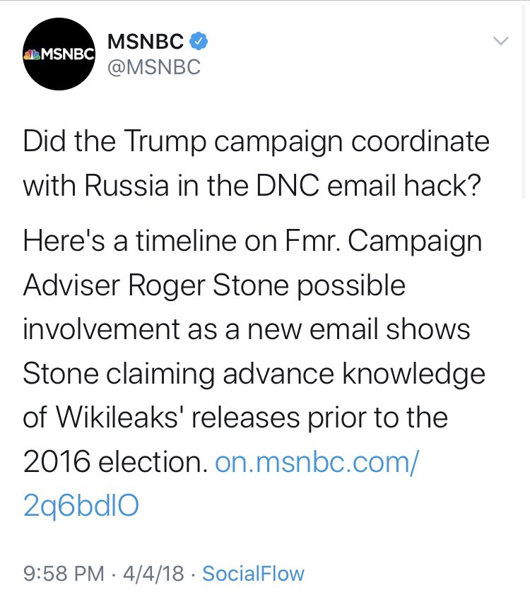 From the Dems’ mouths to the media’s ears, as ever. Perhaps the worst booster of the “Russian collusion” narrative was  @MSNBC. That includes pushing  @HillaryClinton’s refusal to concede the election. And they had  @petestrzok on.