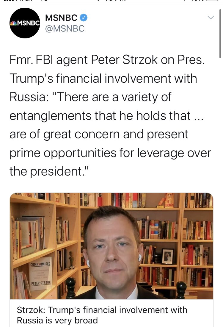 From the Dems’ mouths to the media’s ears, as ever. Perhaps the worst booster of the “Russian collusion” narrative was  @MSNBC. That includes pushing  @HillaryClinton’s refusal to concede the election. And they had  @petestrzok on.