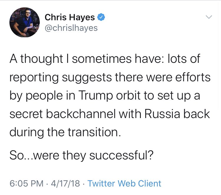 She wasn’t alone at her program.  @chrislhayes was pushing just about all of the same talking points, including the mother of all wingnut theories, that Trump had been a Russian asset since 1987.