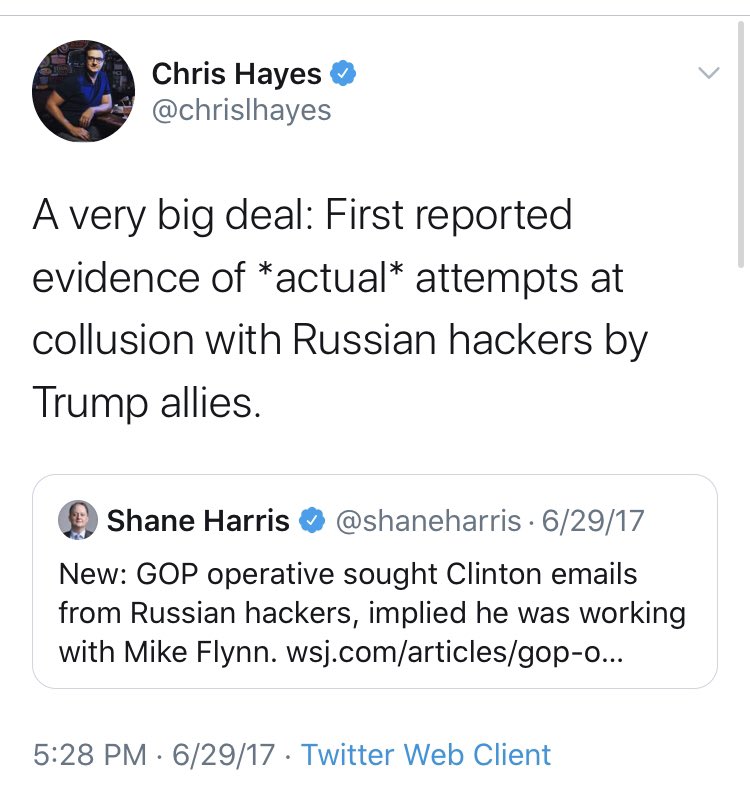 She wasn’t alone at her program.  @chrislhayes was pushing just about all of the same talking points, including the mother of all wingnut theories, that Trump had been a Russian asset since 1987.