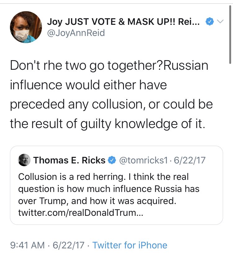 But they’ve got competition even from their own outlet. Here’s  @JoyAnnReid, who never sees a left wing conspiracy that she isn’t interested in, with a special shout-out to  @MalcolmNance, a longtime booster of Russian collusion. Also, not sure the Fusion GPS endorsement held up.