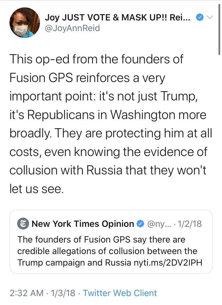 But they’ve got competition even from their own outlet. Here’s  @JoyAnnReid, who never sees a left wing conspiracy that she isn’t interested in, with a special shout-out to  @MalcolmNance, a longtime booster of Russian collusion. Also, not sure the Fusion GPS endorsement held up.