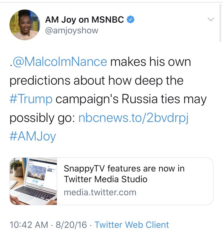 But they’ve got competition even from their own outlet. Here’s  @JoyAnnReid, who never sees a left wing conspiracy that she isn’t interested in, with a special shout-out to  @MalcolmNance, a longtime booster of Russian collusion. Also, not sure the Fusion GPS endorsement held up.