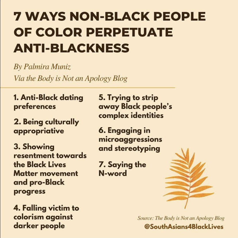 The Anti Black Racism in South Asian communities must be challenged, and here are some ways how. First, be aware of what actions are promoting Anti Blackness. In other words, educate yourself and raise awareness. Social media platforms are a great way to address the issue!