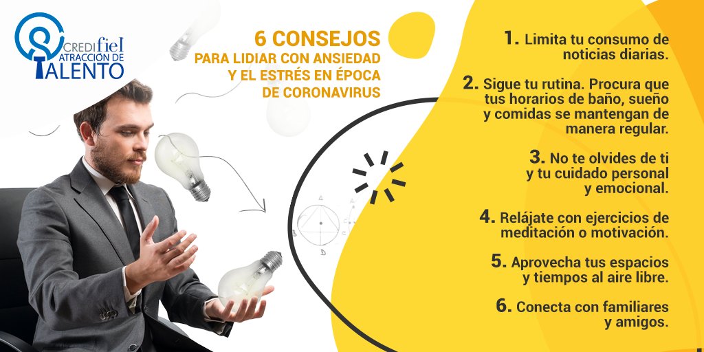 TalentoCF's tweet image. #CREDIfiel 

Hoy te damos 6 #consejos para lidiar con la #Ansiedad y el #Estres en época de #COVID19. 

Recuerda que tú prioridad es tu Salud! 🤜🤛😃😃

#TalentoCredifiel #AtraccióndeTalento