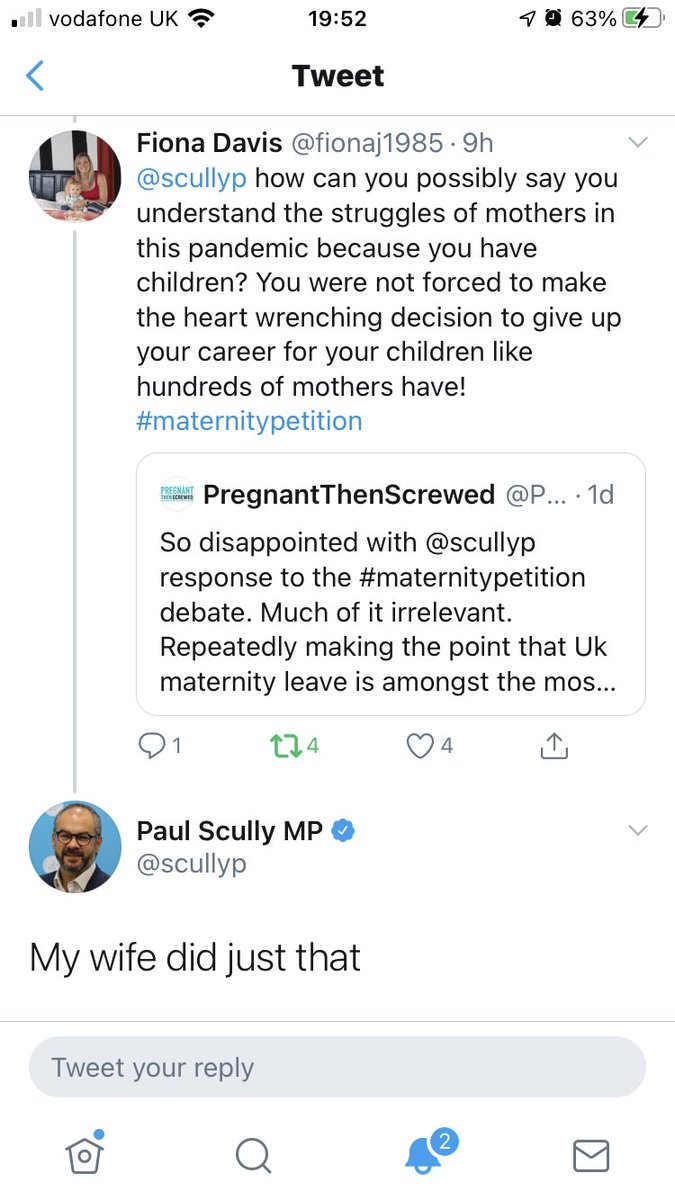 <a href="/MaternityAction/">Maternity Action</a> @beisgovuk <a href="/scullyp/">Paul Scully</a> Tonight <a href="/scullyp/">Paul Scully</a> has tweeted his opinion on women’s careers. Absolutely flawed that our fate has been in his hands #maternitypetition