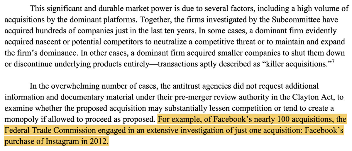 It's so ironic to me that of the 100 acquisitions Facebook has made, the Instagram acquisition is the one most commonly criticized while also being the only one that was extensively investigated & cleared by regulators in the US & abroad at the time.Lots of hindsight bias here!