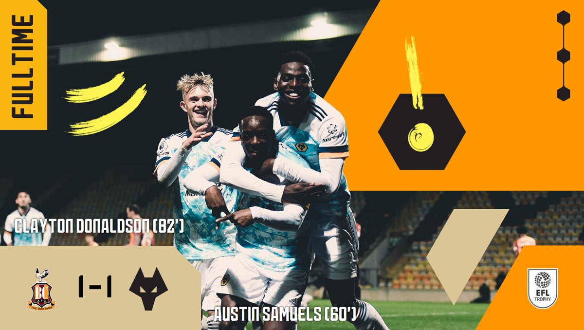 WolvesAcademy's tweet photo. FT | #BRA 1-1 #WOL
Austin Samuels gives Wolves a second half lead but it's cancelled out by a strike from Clayton Donaldson. Tonight's #EFLTrophy tie will go to penalties. #BRAWOL
β±πΊ https://t.co/ZqbxHDU7PW