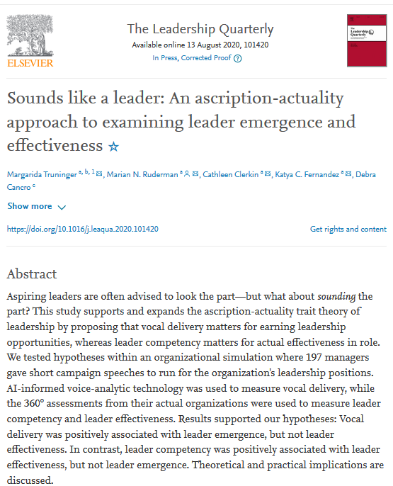 The sound of leadership--🎶

Sounds like a leader: An ascription-actuality approach to examining leader emergence and effectiveness

doi.org/10.1016/j.leaq…