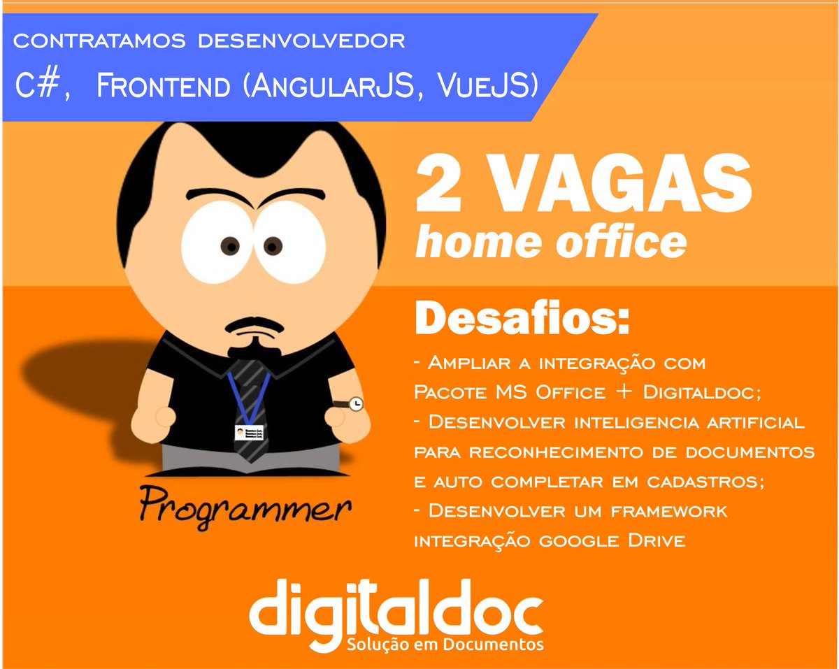 digitaldocbr's tweet photo. A Digitaldoc está contratando dois desenvolvedores COM EXPERIÊNCIA nas linguagens abaixo. 
Veja os desafios que temos pela frente para deixar nossos produtos ainda mais amigáveis e integrados ao crescimento do mercado. 
Currículos para administrativo@digitaldoc.com.br. https://t.co/StrW5ySxpR