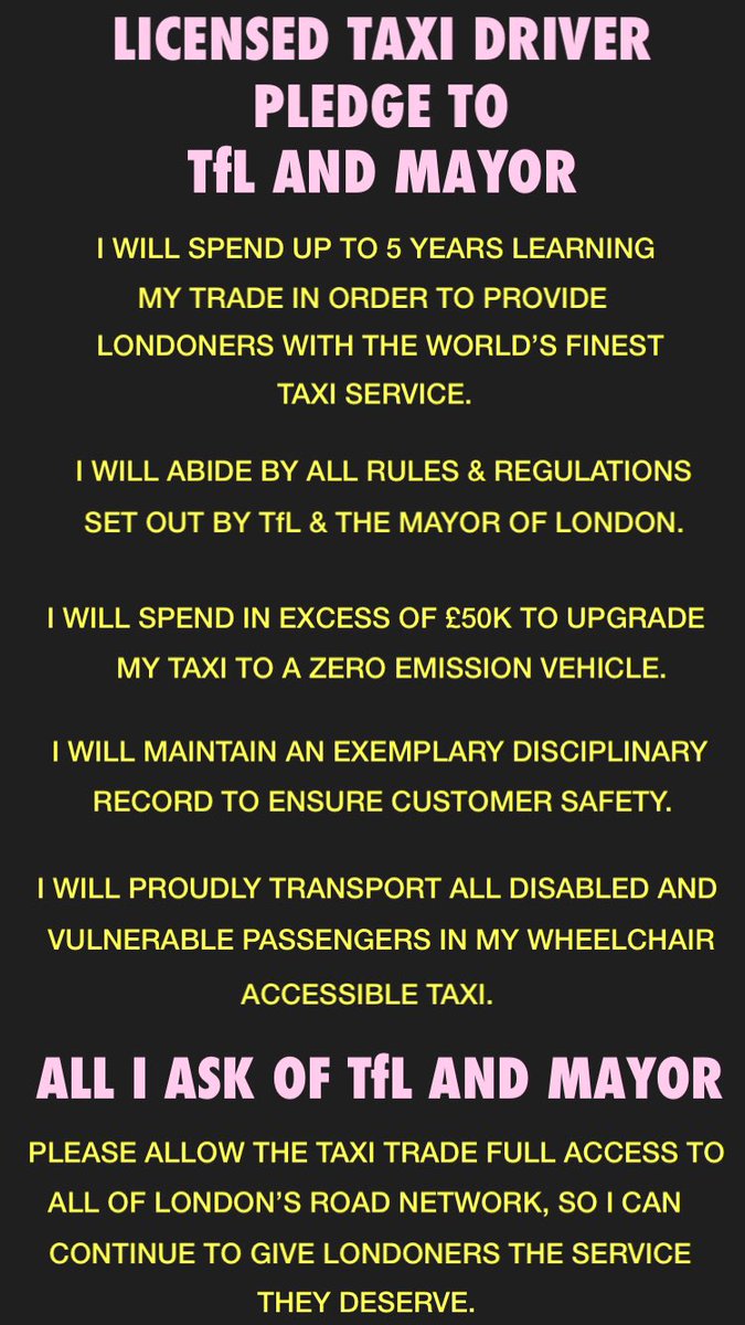 This message applies to each and every London Cabby.

Please RT to <a href="/TfLTPH/">TfL Taxi & Private Hire</a> <a href="/MayorofLondon/">Mayor of London, Sadiq Khan</a> @Heidi_LDN to highlight our united simple message.