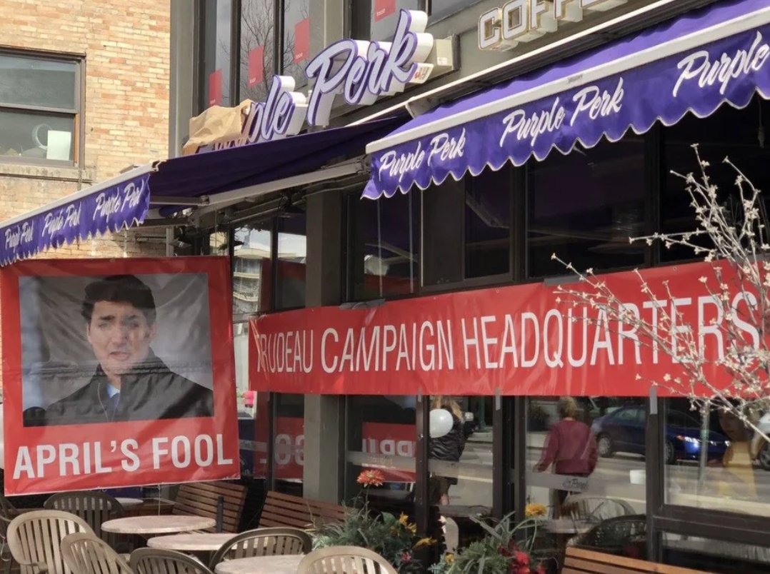 Do I think it’s ethical to boycott small, local business during a major recession? In general, no. It doesn’t seem caring. If small business in question is a certain purple-ish café in Calgary with an “April’s Fool” sign featuring Justin Trudeau? Uh- I’ll avoid that one, thanks.