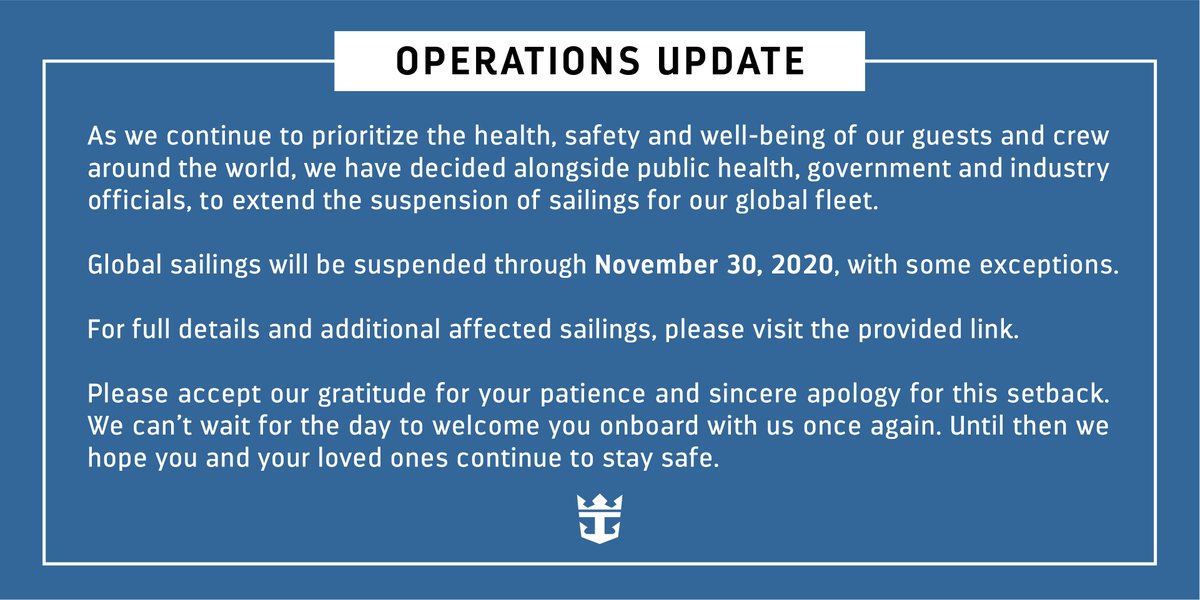 Important update on sailings through November 30, 2020. 
Our Cruise with Confidence policy has also been extended to cover any sailing created by Nov 30, 2020, and departing on or before April 30, 2022. 🔗 bit.ly/RCIOperationsU…
