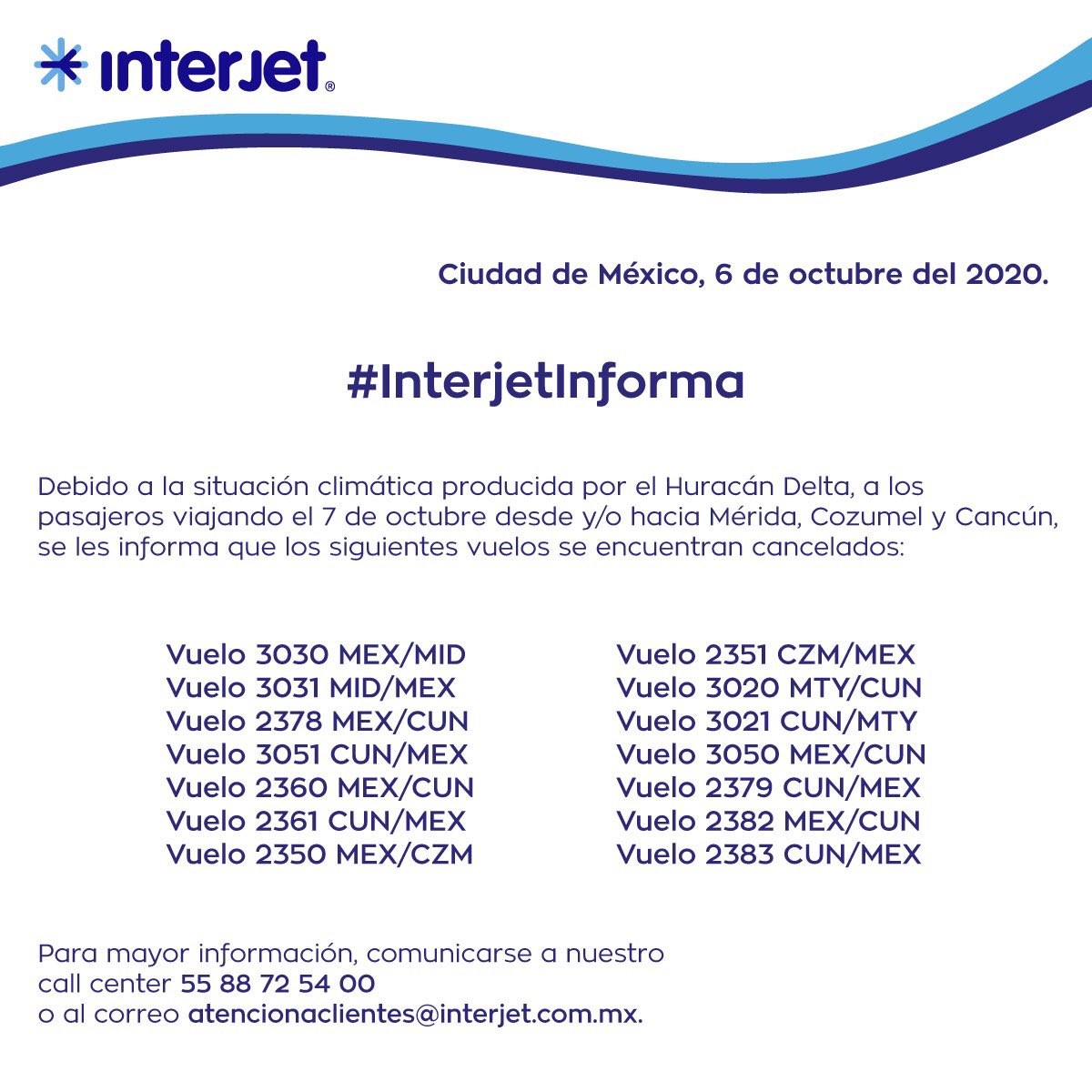 interjet's tweet photo. #InterjetInforma
Pasajeros que viajan hacia/desde la península de Yucatán afectados por el #HuracánDelta. https://t.co/NZ6AJxzfTn