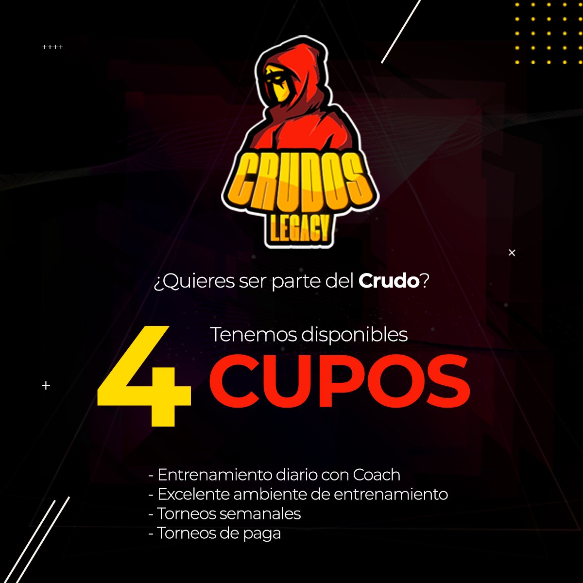 TENEMOS CUPOS DISPONIBLES PARA QUE SEAS PARTE DE NUESTRO ROSTER! 

Si crees tener las habilidades suficientes, únete a esta familia.

Disponibilidad horaria*
Entrenamientos de lun-vie 4pm a 6pm*
#RawClicka #CrudoRules #PocoFloro🥩🥩